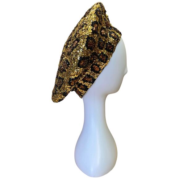1990s Leopard Sequin Beret – Vintage Beaded Hat w/ Adjustable Strap main image 4